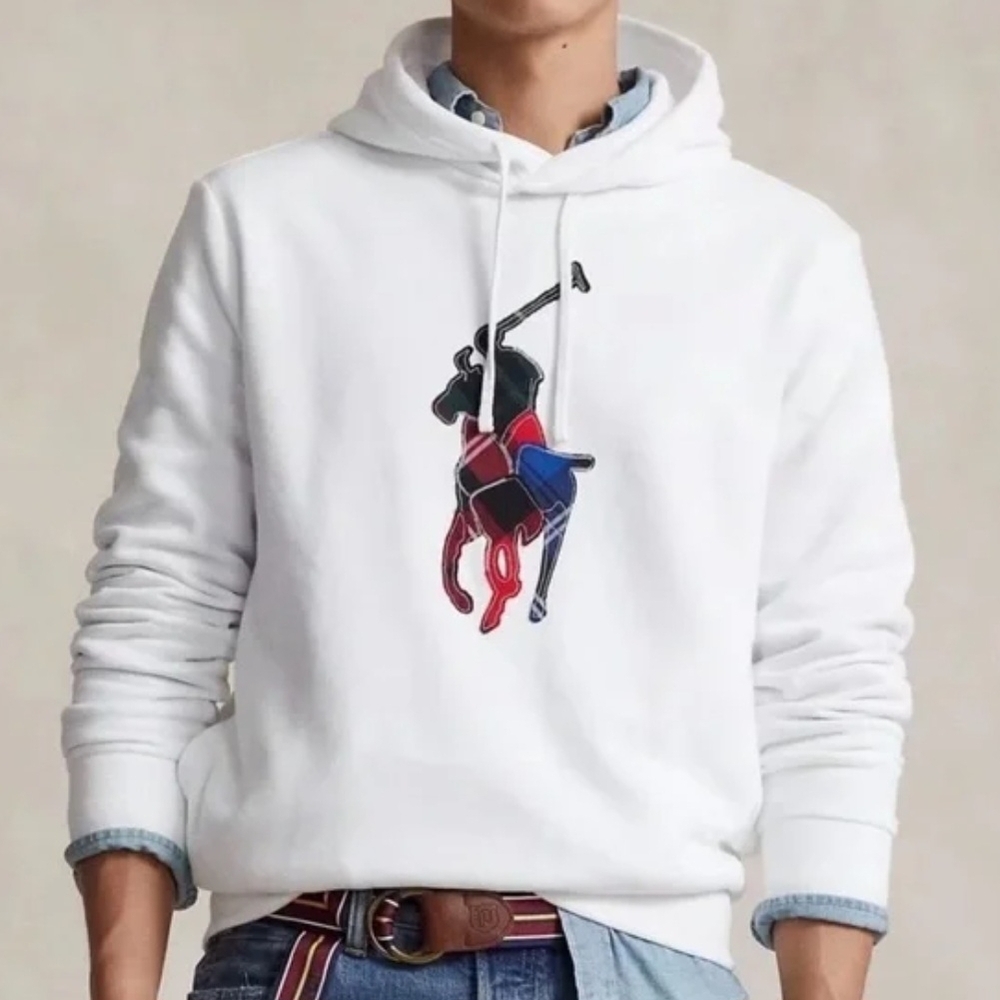 Polo Ralph Lauren White Plaid Patchwork Big Pony Hoodie Sweatshirt Size L